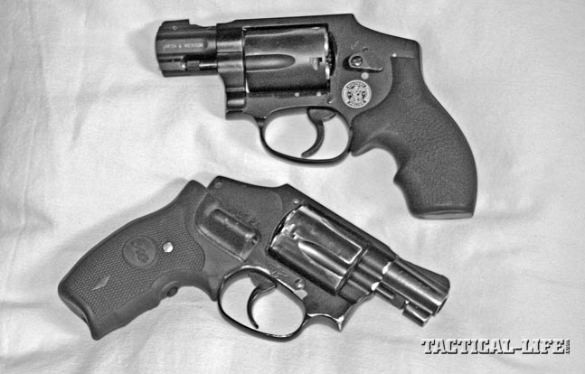 Once you find a carry gun that works for you, get another for a spare. These “hammerless” S&W J-frame lightweights are M340 M&P with Hogue Bantam grips, top, and a M442 Airweight with Crimson Trace Lasergrips, below.