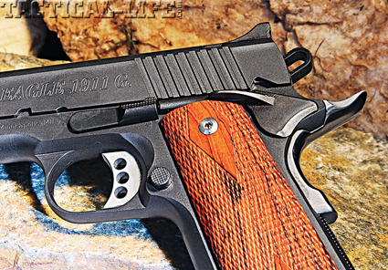 Pull weight of the single-action 3-hole aluminum trigger measured 4.6 pounds, with some take-up and creep but virtually no overtravel. The single-sided extended thumb safety on the Desert Eagle 1911G crisply clicked on and off— big enough to be easy to find and long enough to provide good leverage.