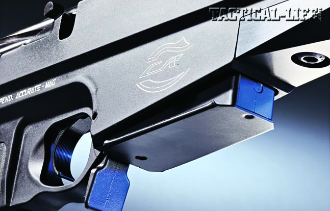 The M2012 accepts five- or 10-round Accurate-Mag and AICS-pattern magazines. Note the ambi­dextrous mag release.