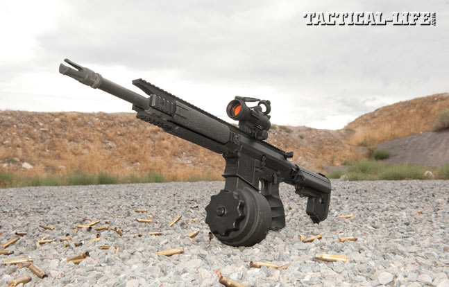 X Products’ X-25 drum magazines offer 50 rounds of 7.62mm in a reliable, easy to load package. The author tested it in a 14.5-inch-barreled Primary Weapons Systems MK214 and experienced no malfunctions or issues.