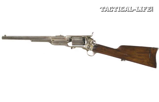 Colt’s Model 1855 carbine was carried by U.S. and Confederate cavalry during the Civil War. Note the large saddle ring at the back of the frame for slings.
