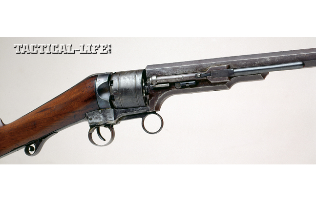 Colt’s No.2 Ring Lever featured a barrel-lug-mounted loading lever. Operating the front lever rotated the cylinder to the next chamber and cocked the internal hammer. The example shown was valued between $30,000 and $40,000 in a 2003 Greg Martin auction.