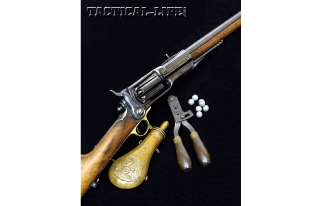 Colt’s Sidehammer revolving rifles were offered in a variety of versions, including military rifles, sporting rifles, carbines and even shotguns. This .56-calilber Colt revolving rifle was built to order for Captain John R. Hegeman, Jr., who was a friend of Samuel Colt and Buffalo Bill Cody.