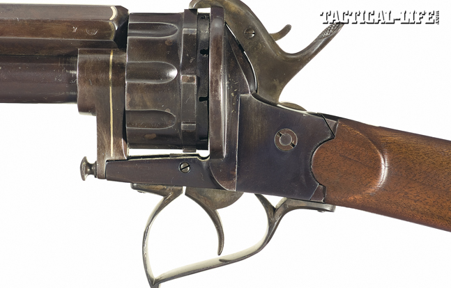 LeMat Pinfire carbines are extremely scarce. This example’s upper barrel is chambered in .44-caliber pinfire. The lower barrel is rifled and chambered for .56-caliber percussion ammo.