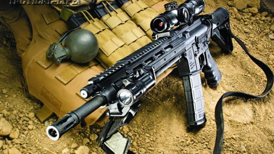 The Ruger SR-556 Carbine is a light, sleek 5.56mm that would be a perfect addition to any patrol unit or SWAT team. Its adjustable gas piston system helps it run reliably in adverse conditions. Shown with a Magpul CTR stock, Inforce WML and Leupold VX-R Patrol 1.25-4x20mm scope.