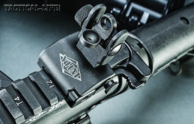The YHM rear sight has a standard AR peep configuration, is adjustable for windage and elevation and folds very flat.