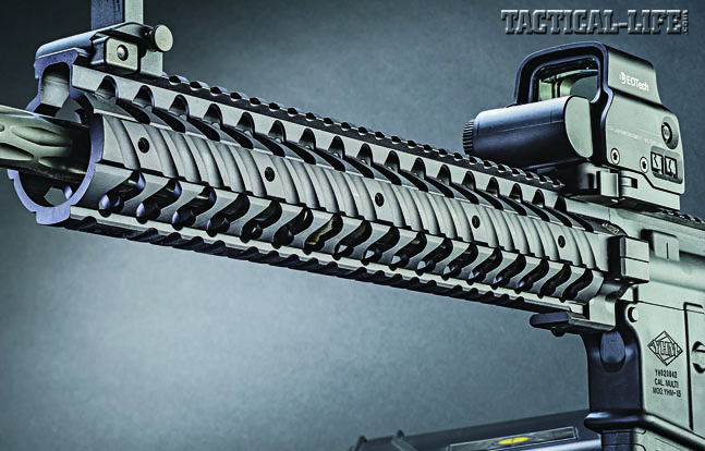 Handguard features built-in rails at three, six, nine and twelve o’clock positions. Rails can be attached as desired in various lengths.