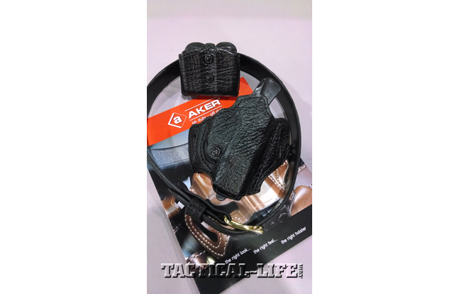 Aker International Black Label FlatSider XR12 sharkskin holster on the Concealed Carry Gunbelt and Carry Comp II sharkskin double magazine pouch.