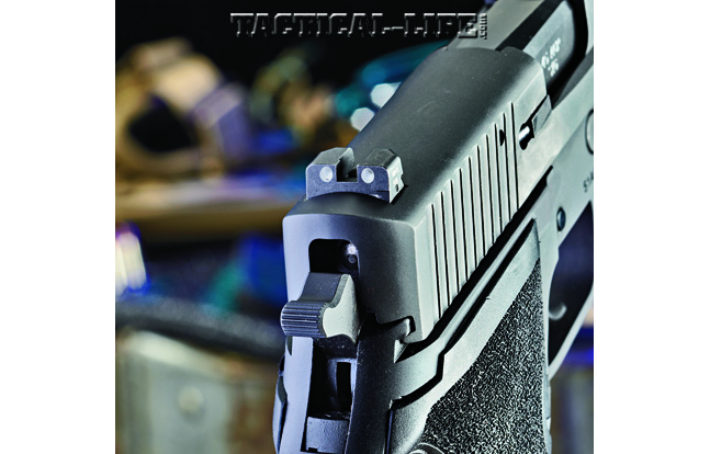 Sig Sauer’s SIGLITE rear night sight ensures quick target acquisition in low-light settings and is drift adjustable for windage.