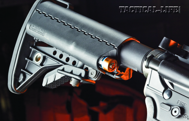 The Tactical Elite features a collapsible Vltor IMod stock, which features two battery tube compartments.