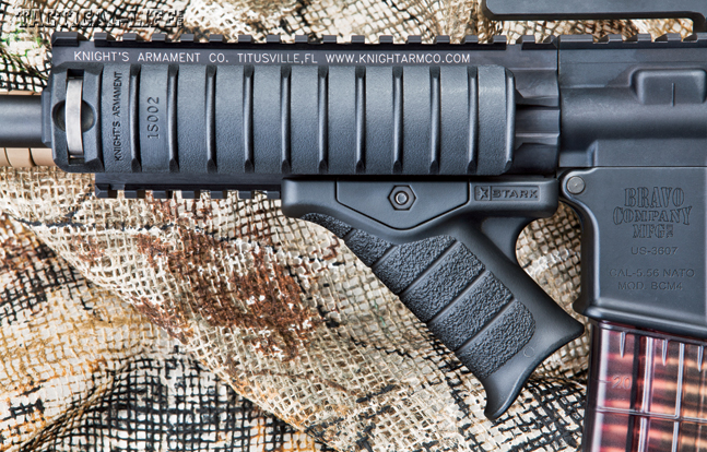 A Stark Equipment Corp SE-5 Express Grip attached to the URX III handguard at its rear-most position still allows quick magazine changes and fits well into this rig’s overall compact profile.