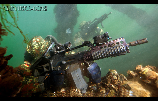 The German Navy’s Kampfschwimmer, or combat swimmers, favor the Heckler & Koch G36K in 5.56mm NATO, which is the carbine variant of the standard G36. Germany’s Kampfschwimmer are an elite special warfare element similar to the U.S. Navy SEALs.