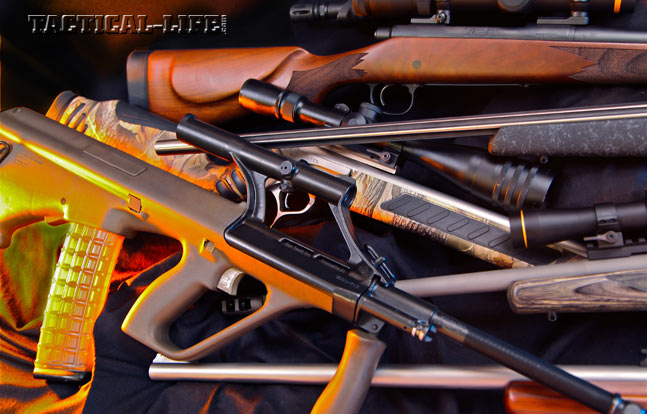 A few excellent southpaw-friendly firearms include the (counterclockwise from top) Stag Arms Model 3TL-M, Weatherby Mark V Accumark, Ruger Gunsite Scout, Montana Rifle Company AVR-SS, Steyr AUG, Thompson/Center Pro Predator and the Remington 700 CDL.