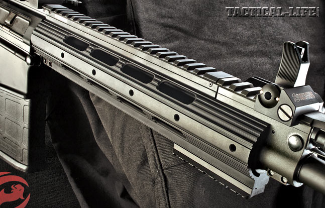 Ruger equips the SR-762 with its Lightweight Adaptable handguard, a smooth, vented forend featuring a full-length Picatinny top rail.