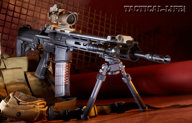 A collaboration between Smith & Wesson and Kyle Lamb of Viking Tactics, the VTAC II 5.56mm carbine is ready to handle any threat that may arise right out of the box. Shown with a Trijicon ACOG, Troy Battle Sights, a SureFire Scout light and an Atlas bipod.