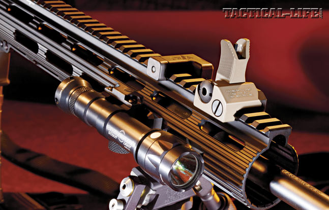 The 13-inch-long, free-floating Troy Extreme TRX handguard features elongated venting slots, and operators can add rail sections where needed.