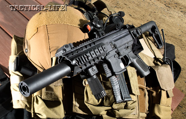 MPX 9mm, featuring a SIG-SD suppressor mated to the 8-inch barrel, a foldin...