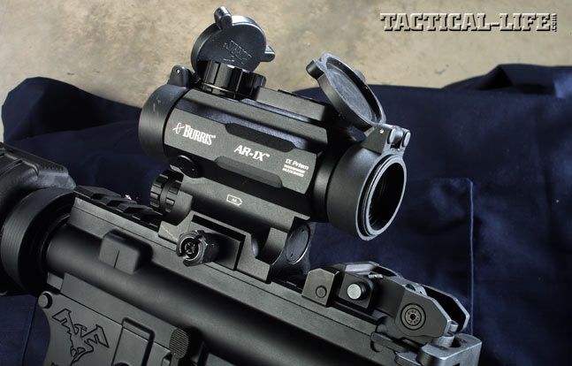 The upper receiver features a top Picatinny rail for mounting sights and optics, such as this Burris AR-1X Prism Sight, for fast targeting.
