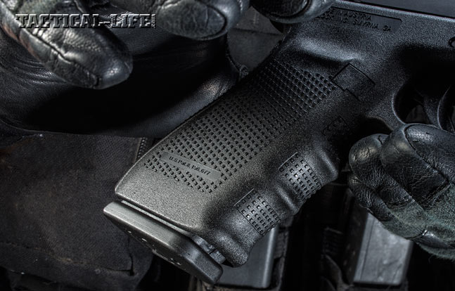 The pistol’s grip frame features texturing and finger grooves for enhanced control. Its polymer construction also helps absorb recoil.