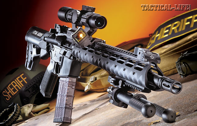 Stag’s new 3T-M was designed with input from LEOs for the ultimate patrol setup. Shown with a Trijicon RMR reflex sight, an Atlas bipod and a Leupold 1.5-5x20mm Mark 4 MR/T riflescope.