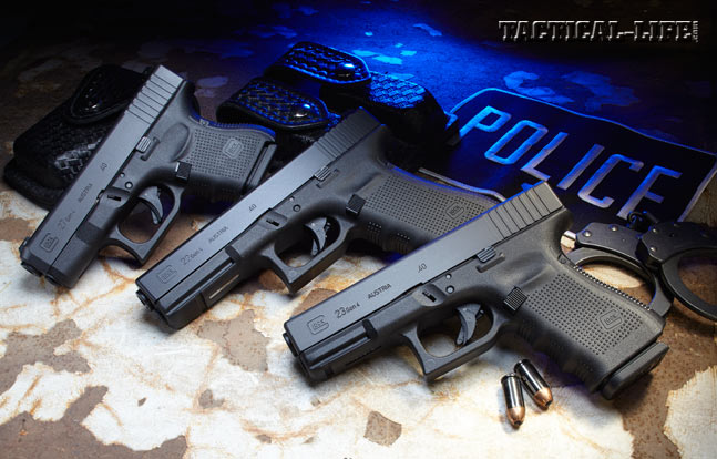 From left to right: Glock 27 Gen4, Glock 22 Gen4, Glock 23 Gen4 in .40 S&W