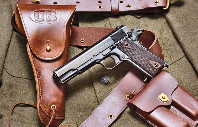 This original Colt M1911 (circa 1918) is pictured with World War Supply’s complete M1916 holster, officer’s belt and magazine pouch set. (Gun and uniform courtesy Allegheny Trade Collection)