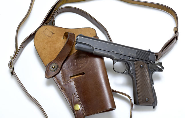 More than 500,000 M7 shoulder holsters were produced during WWII. The reproduction from World War Supply is authentic in all details, and available in brown or black premium drum-dyed leather. (Gun courtesy Allegheny Trade Collection)