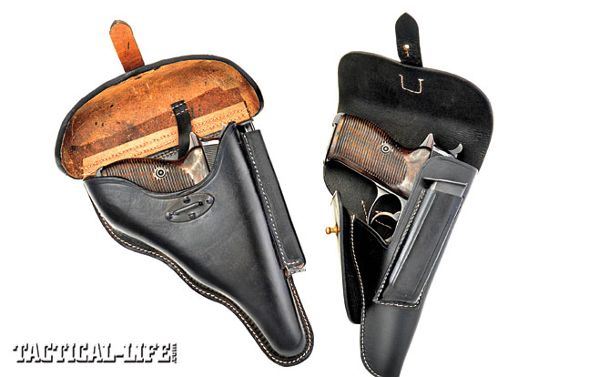Few guns and holsters are as recognizable as the Walther P.38 and its standard hard leather holster. This rugged design gave the P.38 and one extra magazine total cover with a hard, curved cover that securely latched down over a steel loop attached to the holster pouch. At right, the second model (circa 1944) with a soft leather flap and a conventional brass stud closure.