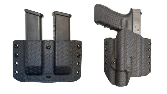 Featuring a black, basket weave Kydex design, the Comp-Tac Warrior with Light Holster and Twin Warrior Mag Pouch make a tough, duty-worthy OWB combo.