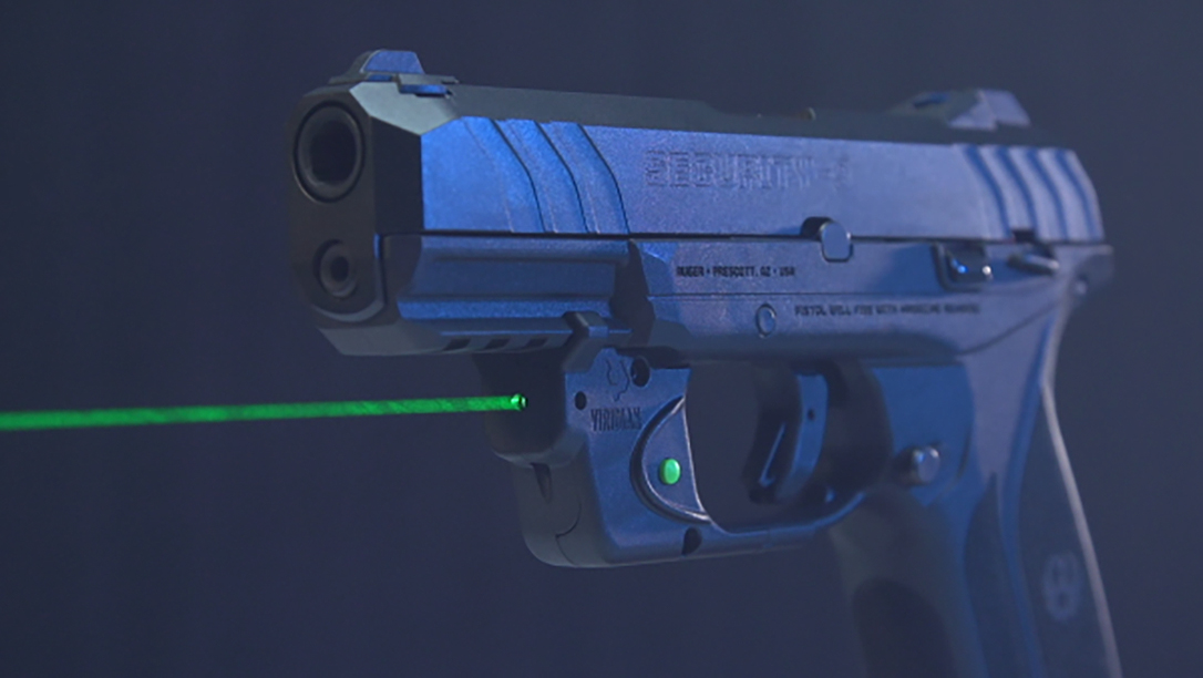 The Viridian E-Series Green Laser sight is visible up to 2 miles in darkness.