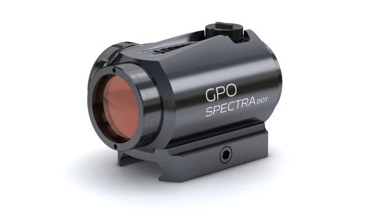 The GPO SPECTRAdot red dot optic delivers up to 50,000 hours of runtime on a CR2032 battery.