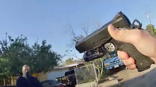 A Riverside METRO officer pulled what looks like a SW1911 to take down an armed suspect in California.