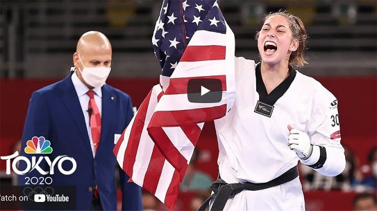 Anastasija Zolotic becomes the first woman to win Olympic gold in taekwondo.