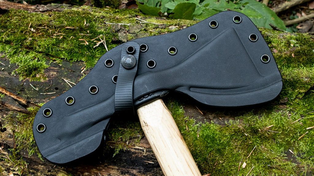 The sheath on the American Tomahawk Company Model 1 is a heavy-duty molded Kydex that holds it securely in place. The retention strap also adds extra security.