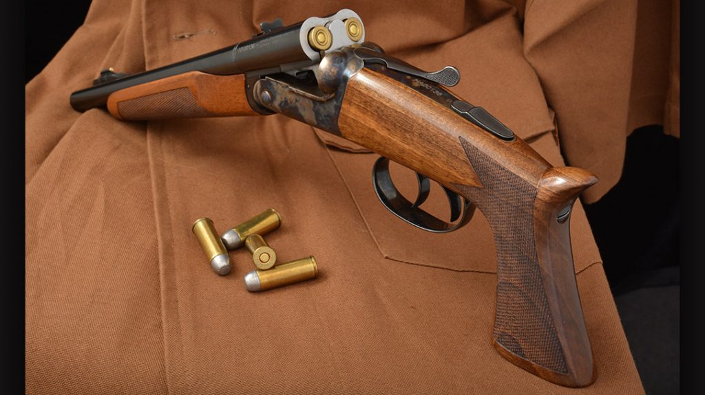 The Ithaca Auto & Burglar pistol of the 1920s was the inspiration for Pedersoli’s first cartridge loading Howdah Pistol. The pistol was chambered in 45 Colt. The gun with rifled barrels, making it a pistol and not a sawed-off shotgun, can also chamber .410-gauge shells.