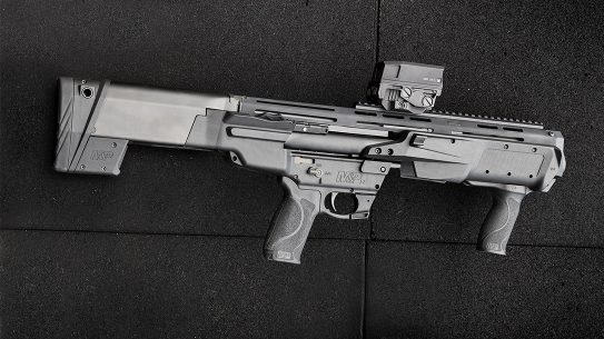 The S&W M&P12 Bullpup Shotgun delivers a compact design.