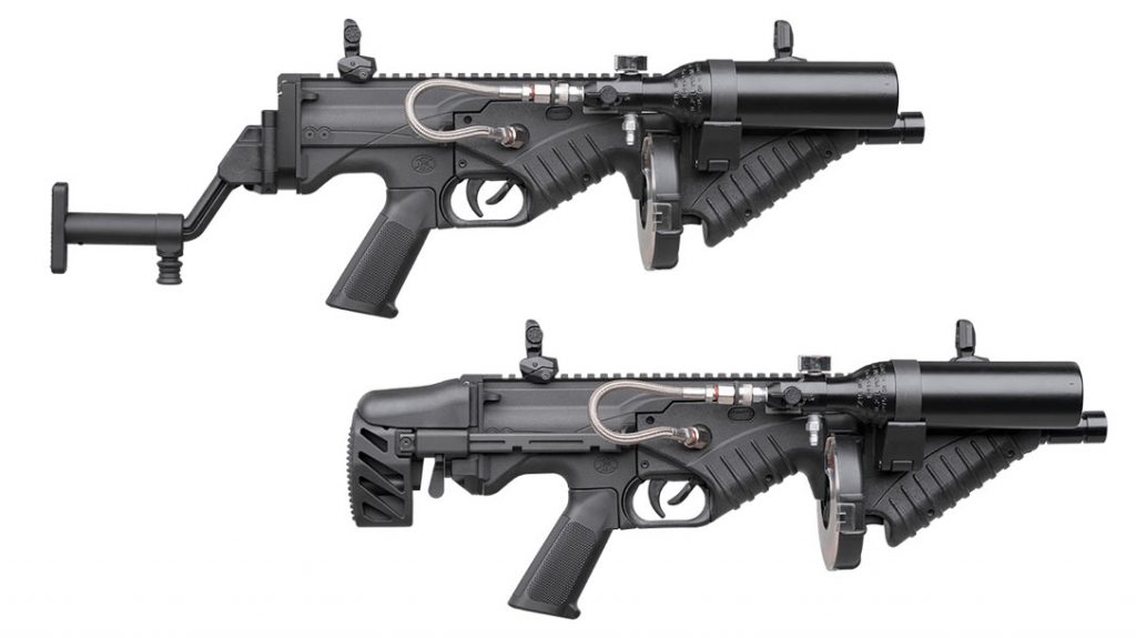 The buttstock of the FN 303 Tactical Less Lethal can be swapped for different scenarios.