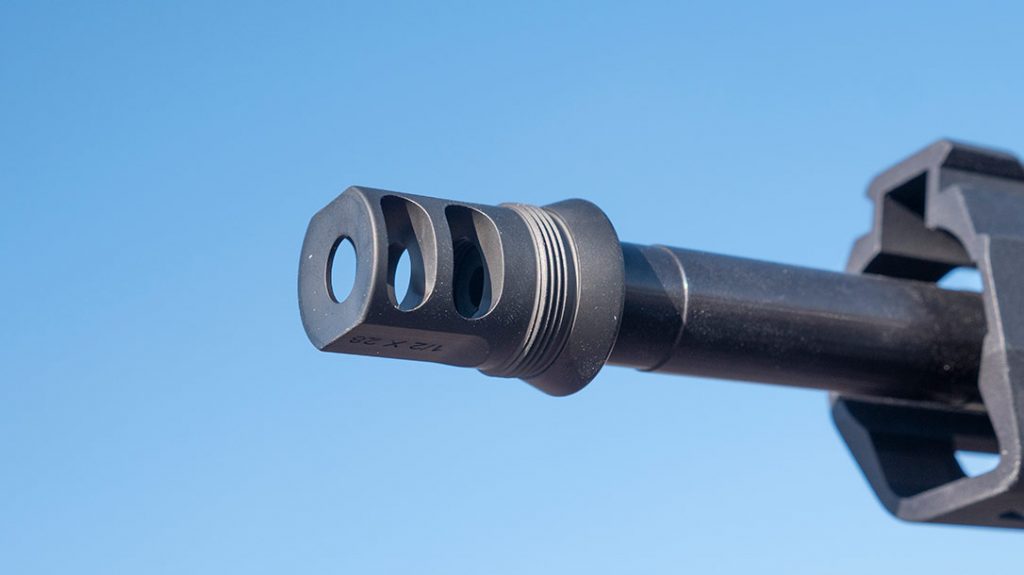 This titanium muzzle brake is light with very little blast at the shooter. It provides a solid mounting point for the Banish 30 Gold Suppressor.