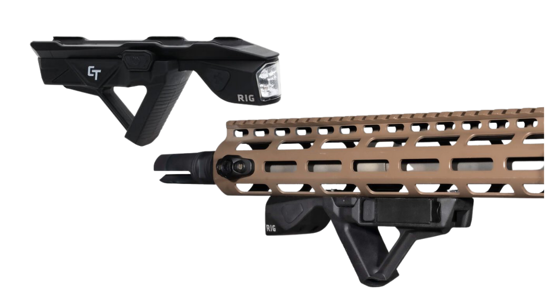 The new Crimson Trace RIG combines a weapon mounted light and an angled foregrip