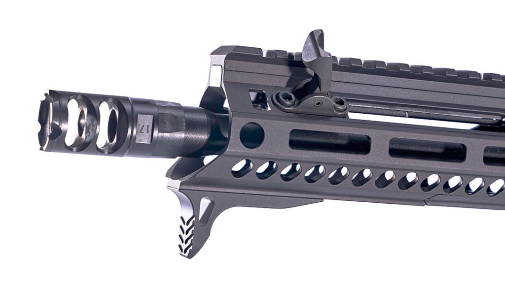 The pistol includes a dual chamber muzzle brake.