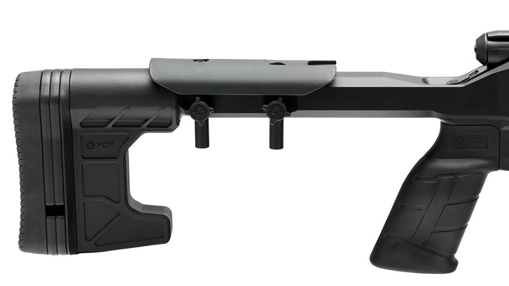 On the backend of the Savage B22 Precision Lite, the length of pull and comb are adjustable to help it fit a variety of shooters and scope options.