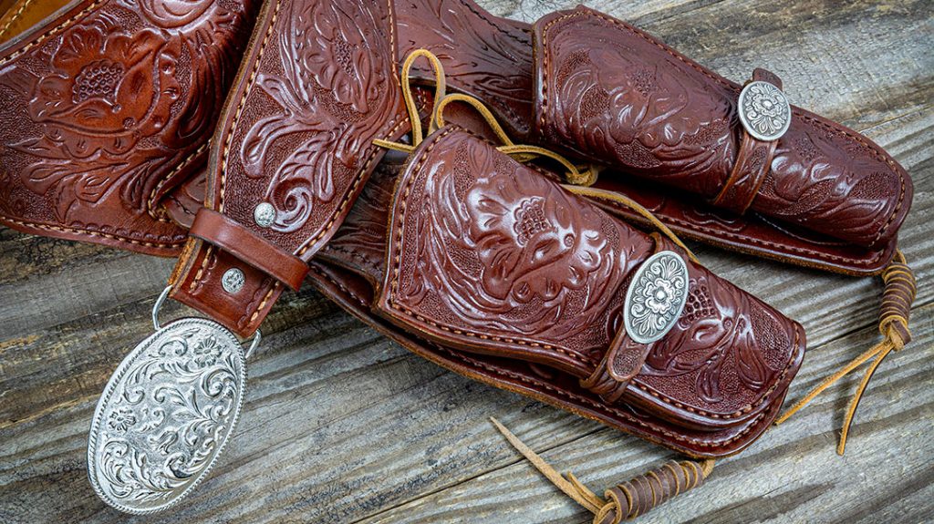 Officially called the Silverado Colorado Jake holster and belt set by Chisholm’s Trail, this is a two-gun buscadero rig that is ornately decorated for the movie.