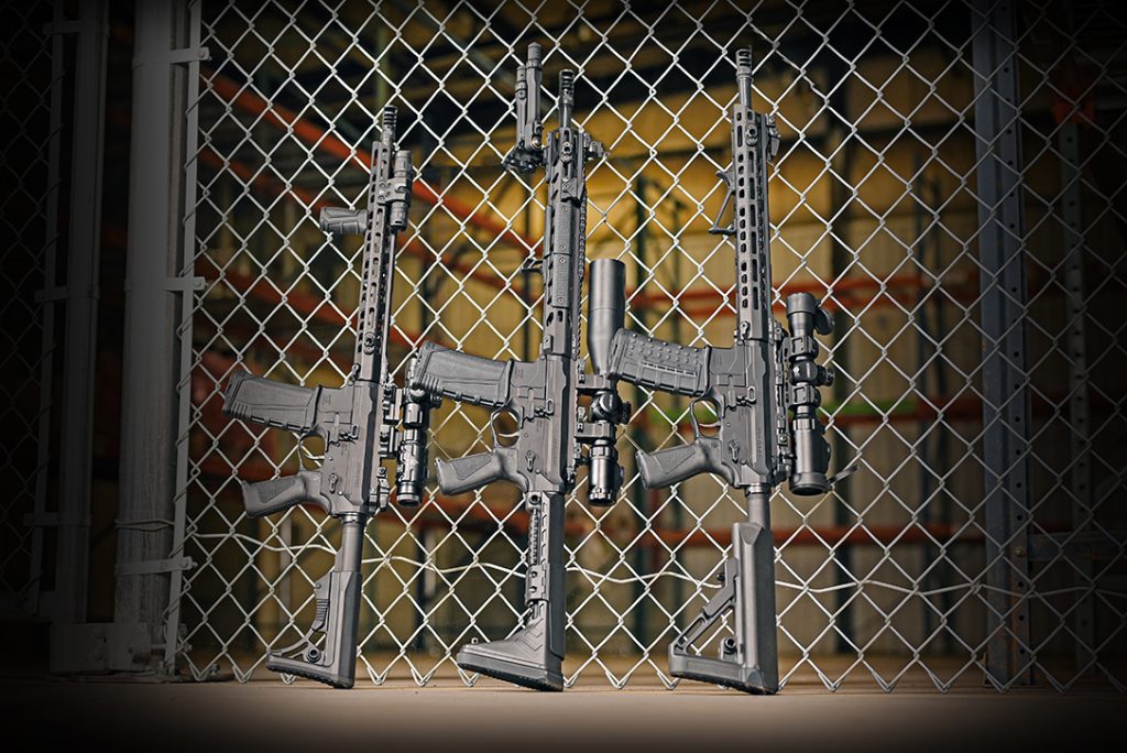 Three tactical AR-15 rifle builds using parts from Leapers UTG. 