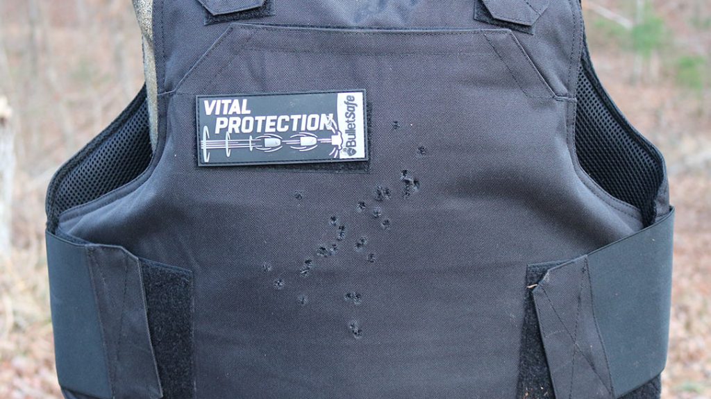It took nearly 30 rounds fired in bursts at essentially the same spot to eat through this Vital Protection 3 vest.