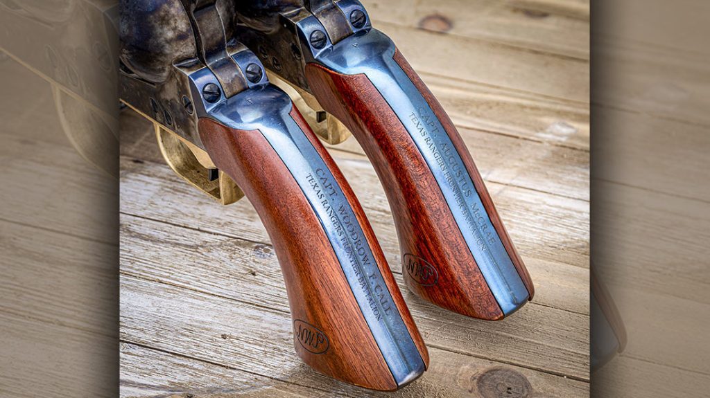 The blued grip frame backstraps are engraved with “Capt. Woodrow F. Call” or “Capt. Augustus McCrae” and “Texas Rangers Frontier Battalion.”