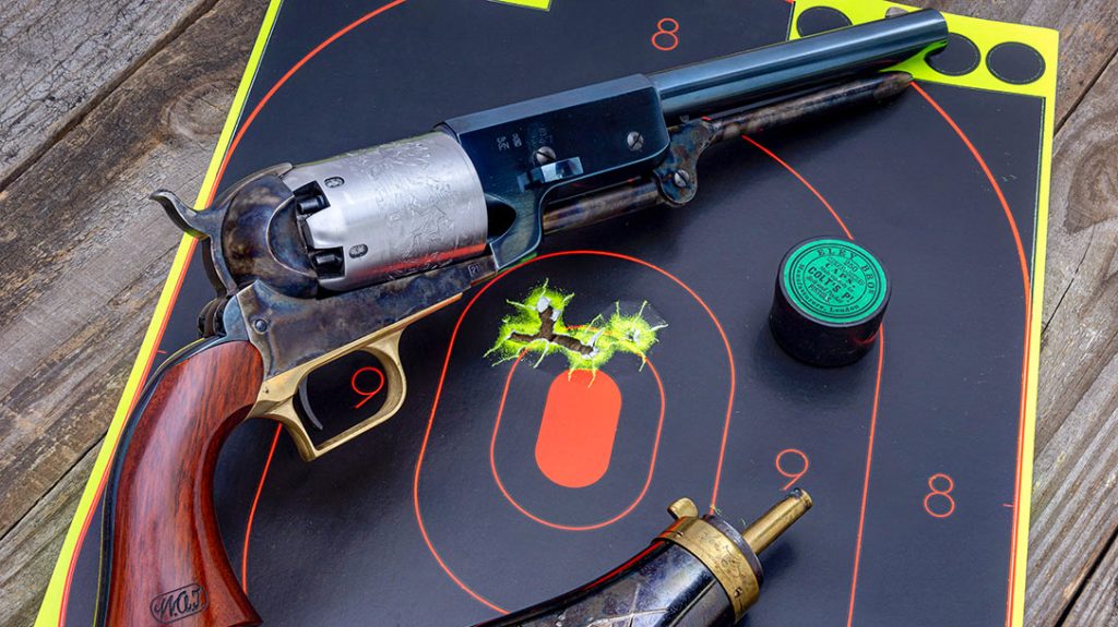 This five-shot group with the Cimarron Walker Colt measured 1.61 inches; the point of aim/point of impact was darn close. The average for three five-shot groups was 2.35 inches, even with the crude sights.