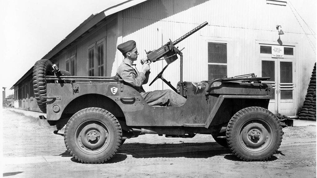 A U.S. Army Jeep with a cowl mounted M1919 machine gun.