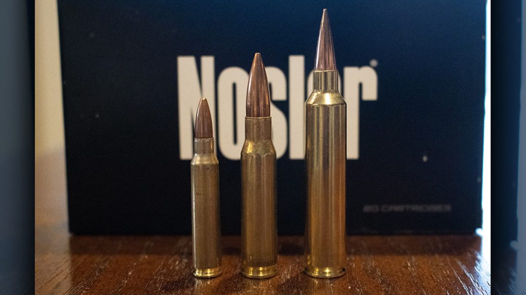 28 Nosler combines the speed of 5.56x45mm (left) and projectile mass of .308 WIN (center).