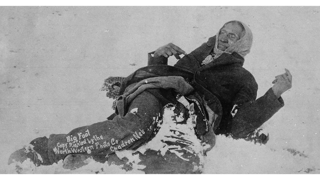Big Foot, a leader of the Sioux, is seen here dead and partially frozen on the battlefield.