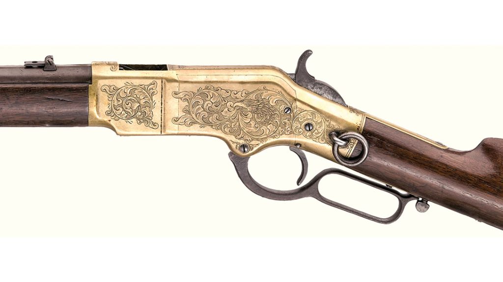 Intricate engraving designs can be seen on the Winchester Model 1866 Carbine.